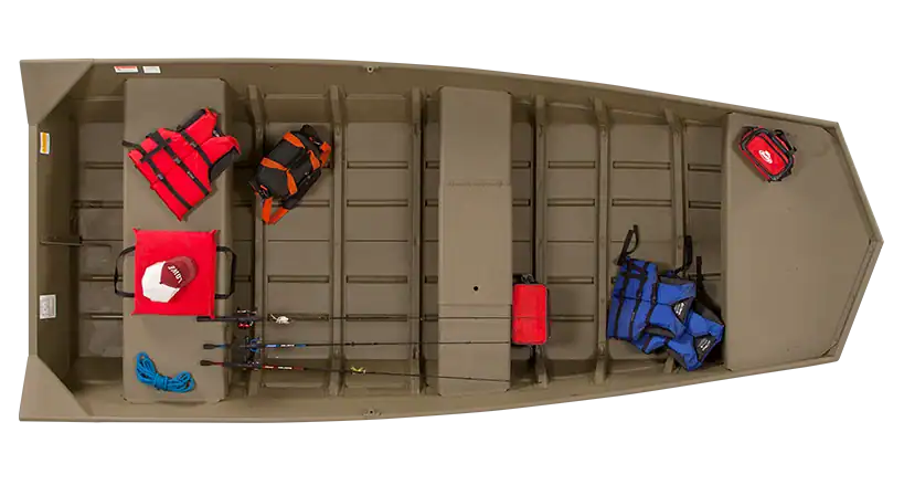 Aluminum boat fishing gear storage with life jackets, tackle boxes, and fishing rods.