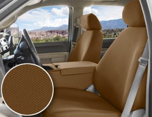 High-quality brown seat covers with durable fabric for vehicle interior enhancement.