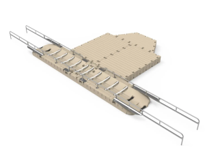 Accessible floating dock with wheelchair ramps, ideal for sports centers and marinas.