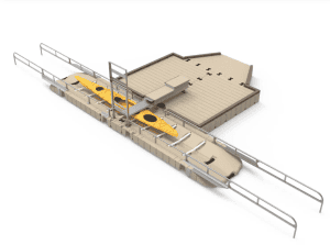 Accessible kayak launch station with safety railings at Camp & Cruise for watersports enthusiasts.