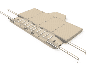 Durable floating dock platform ideal for sports centers, with safety rails for secure water activities.