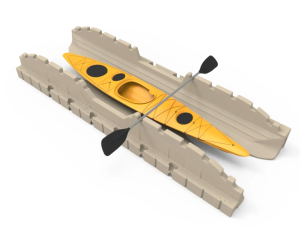 Durable yellow kayak with paddles for outdoor water sports at Camp & Cruise.